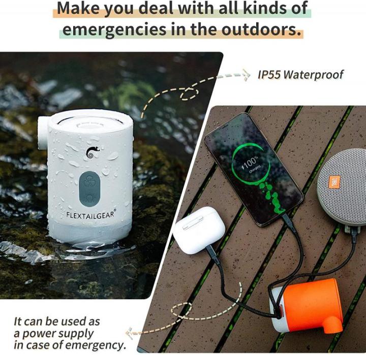 ปั๊ม-flextailgear-2ปั๊มเติมลมไฟฟ้าสำหรับเสื่อที่นอนปั๊มการเดินป่าส่องสว่างโคมไฟชาร์จไฟได้