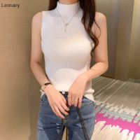 Lemary เสื้อกล้ามถักคอเต่าครึ่งตัวสำหรับผู้หญิง,เสื้อกล้ามเข้ารูปแขนกุดสำหรับสีทึบแนวย้อนยุคแฟชั่นฤดูร้อน2023