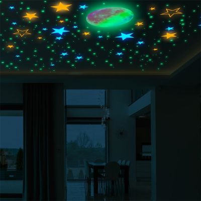 ✻▽ 444pcs Colorful Luminous Stars Dots Moon Fluorescent Stickers Diy Self-adhesive 3-color Wall Stickers For Living Room Bedroom