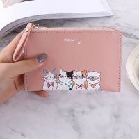 Short Womens Wallet Ultra Thin Leather Purse Bank Card Holder Bag Cute Cartoon Cat Zipper Coin Purse Simple Thin Card Holder