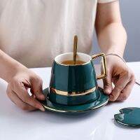 Gold Trim Green Porcelain Coffee Cups with Saucer Lid Mixing Spoon for Drinks Latte Cafe Mocha Cappuccino and Tea - 450ml