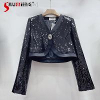 ☋☏ gsgw 2023 primavera outono novo estilo francês moda elegante versátil jaqueta feminina streetwear com decote em v bordado lantejoulas casaco curto