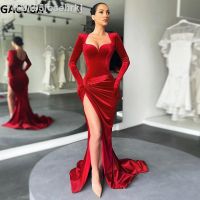 ๑♠◇ ocehrk Gacvga elegante vestido longo de festa à noite roupas femininas luvas manga vermelho veludo sexy fenda maxi vestidos dama honra