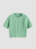 Cider Solid Cable Knit Beaded Top เสื้อแขนสั้นผู้หญิง เสื้อไหมพรมแฟชั่นผญ ลุคสตรีท สไตล์เกาหลี