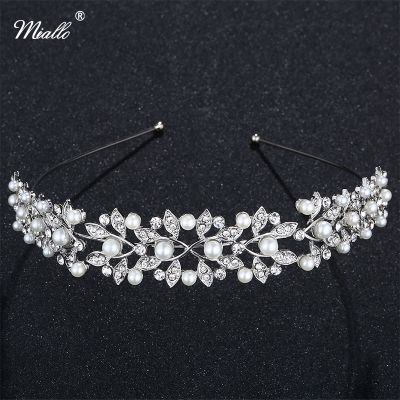 Miallo Rhinestone Pearls Crown Headband Vintage Crystal Bridal Tiaras Wedding Hair Jewelry Leaves Princess Diadem for Women