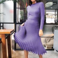 Elegant Pleated Sweater Mid-Length Dress for Women Winter Autumn Office Knitted Sexy Slim Dress