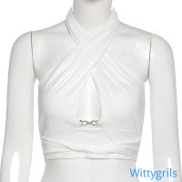 Wittygirlsshop รองเท้ากีฬาแฟชั่น เสื้อกั๊กแขนกุดสีพื้น Halter Ruched สําหรับผู้หญิง