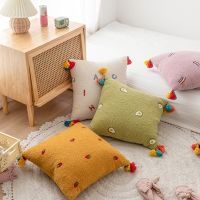 Cute Fruit Embroidery Throw Pillow Case with Rainbow Tassels Bohemian Tufted Kawaii Decorative Square Cushion Cover for