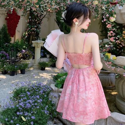 New romantic pink floral skirt to show thin pure summer skirt small condole belt dress