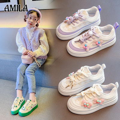 AMILA รองเท้าบอร์ดสำหรับเด็กผู้หญิง,รองเท้าแฟชั่นรองเท้าลำลองฉบับภาษาเกาหลีรองเท้าเด็กรองเท้าสีขาวขนาดเล็กประดับโบว์