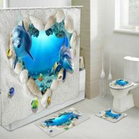 Dolphin Bathroom Non-slip Mat Set Durable Waterproof Shower Curtain Lid Toilet Cover Bath Mat Rugs Polyester Fabric Washable