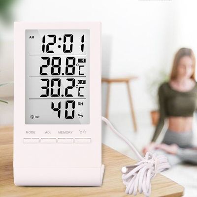 เครื่องวัดอุณหภูมิตัววัดอุณหภูมิความชื้นดิจิตอลอิเล็กทรอนิกส์ LCD เครื่องวัดความชื้นในที่ร่มนาฬิกาพยาการณ์อากาศกลางแจ้ง