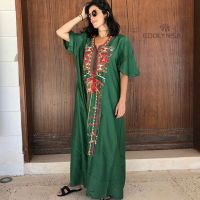 2022 New Bohemian Navy Blue Retro Embroidered Short Sleeve Maxi Dress For Women Plus Size Beachwear Vintage Long Kaftan Q1235