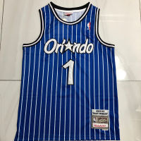 เสื้อถักลายของแท้สำหรับผู้ชายออร์แลนโดเมจิก Tracy McGrady Mitchell &amp; Ness เสื้อเจอร์ซีย์ไม้เนื้อแข็งคลาสสิก2003-04สีฟ้า