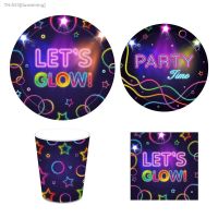 ∏ Neon Party Decorations Disposable Tableware Cups Plate Napkin Tablecloth Let 39;s Glow Birthday Party Supplies