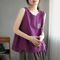 Cotton and linen loose fitting sleeveless patchwork womens tank top