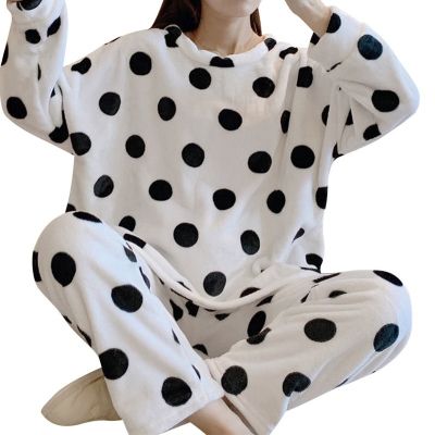Winter Pajamas Women Thick Flannel Warm Female Pajama Set Long Sleeve Full Trousers Two Piece Pajamas Cartoon Pint Homewear