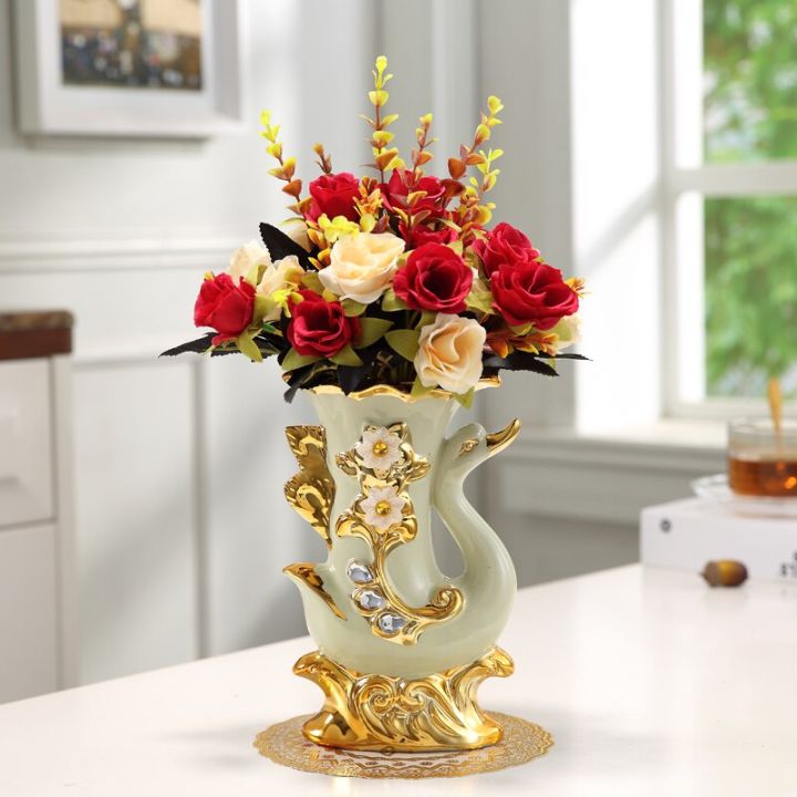 แจกันแก้วทองทางเข้าห้องนั่งเล่นในบ้านสไตล์มินิมอลสไตล์โมเดิร์นเครื่องประดับหรูหราทรงดอกไม้ประดับโต๊ะ