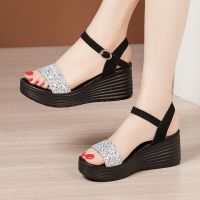 Female wedge sandals in the summer of 2023 the new sponge bottom joker fashion open-toed sandals code word buckle rhinestone sandals