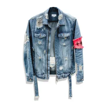 Red denim jacket hot sale with white stitching