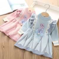 Baby Girl Cute Pink Blue Knitted Dress Spring Autumn Long Sleeve Ruffle Clothes Kids Casual Cartoon Frozen Elsa Princess Dresses  by Hs2023