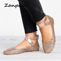 【CW】 Zanpace Platform Shoes Ballet Flats Womens Shoes Cross-tied Shallow Flat Whith Shoes Round Toe Lace-Up Ladies Shoes Women