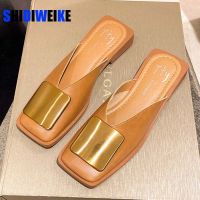 nd Designer Women Slippers Fashion Metal Buckle Mules Flat Heels Square Toe Shallow Shoes Outdoor Slide Female Casual Sandal