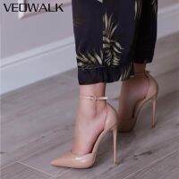 Veowalk สายรัดข้อเท้าผู้หญิง Dorsay ปลายแหลมรองเท้าส้นสูงสำหรับสตรีชุดเดรสสีเดียว12ซม. 10ซม. 8ซม. สีดำขาว