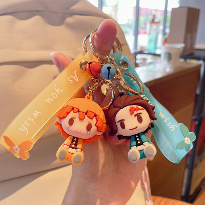 Anime Q Demon Slayer Keychain Strap Silicone Cartoon Cute Tanjirou Key Chains Keyring Nezuko Zenitsu Boy Girl Bag Pendant Gifts