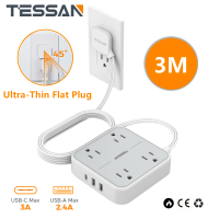 TESSAN 3 M Extension Wire รางปลั๊กไฟพร้อมพอร์ต USB 3 ช่อง, ช่องเสียบต่อขยาย 10 ฟุตสายต่อ Ultra Slim พร้อมชาร์จ USB 3 ช่อง (พอร์ต USB C 1 ช่อง), ปลั๊กติดผนัง 4 ช่อง, สถานีชาร์จเดสก์ท็อปบางเฉียบสำหรับเรือสำราญ, หอพักต้องมี