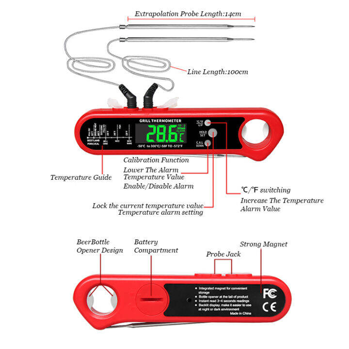 เครื่องวัดอุณหภูมิเนื้อแบบดิจิตอล3-in-1เครื่องวัดอุณหภูมิอาหารอ่านทันทีพร้อมหัววัดแบบมีสาย2เส้นไฟหลังจอ-lcd-สำหรับย่างทำอาหาร-bbq-kitchen