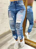 【CW】2022 New Letter Print Slant Pocket Ripped Jeans Casual Jeans Women