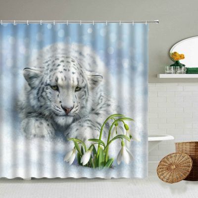 Snow Leopard Printed Shower Curtain Tiger Wolf Wild Animal Winter Natural Landscape Bathroom Decor With Hook Waterproof Screen