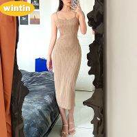 Wintin Ins Independent Station Winter New European and American Style Sexy Sling Waist Hollow-out Elegant Mid-Length Dress Women