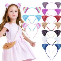 Glitter Cat Ears Headband Kitty Headband for Girls and Women Sparkly Hair Metal Hoop Shiny Hairbands Hair Accessories for Daily