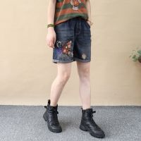 【มีไซส์ใหญ่】Plus Size M-3XL Womens Vintage Floral Embroidery Summer Blue Shorts Elastic Waist Casual Fashion Hot Shorts