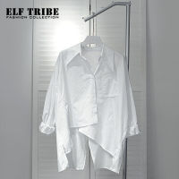 HOT”ELF TRIBE ใหม่สไตล์เกาหลีเสื้อบางหลวมกลับ Slit เสื้อแขนยาวผิดปกติสำหรับผู้หญิง