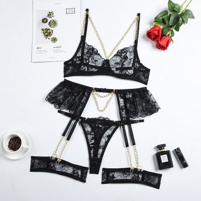 2023 Korean 4-Piece Gold Chain Embroidery Lingerie Set Women Black Transparent Sexy Exotic Set Fancy Garter Kit