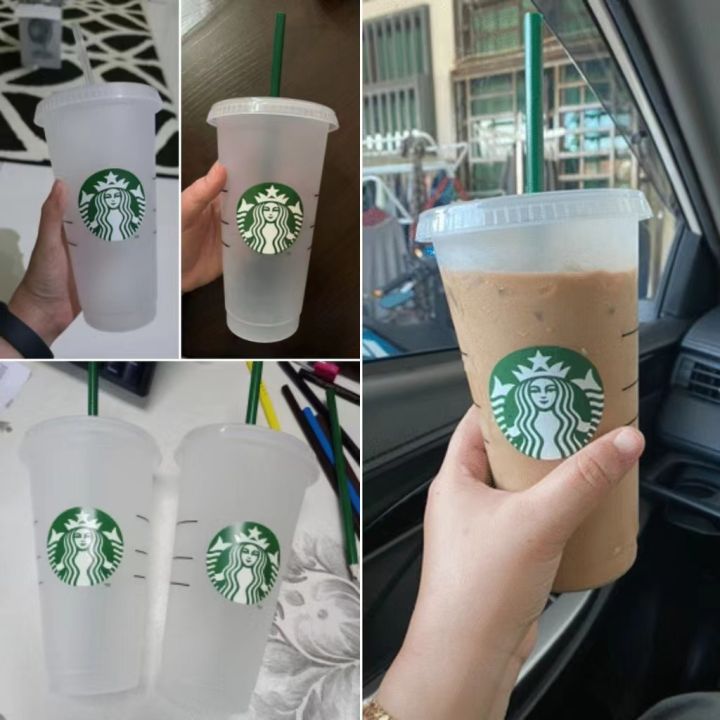 Starbucks Cold Reusable 24 oz Clear-Frosted Hard Plastic Tumbler Cup with  Straw.