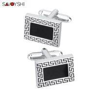 SAVOYSHI Classic Business Cufflink คุณภาพสูงสแควร์สีดำเคลือบลวดลาย Cufflink Link จัดส่งฟรีชื่อที่กำหนดเอง