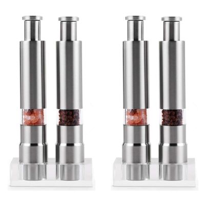 Salt and Pepper Grinder Set of 4, Pepper Mill Stainless Steel Salt Shaker Push-Button Manual Glass Salt and Pepper Set