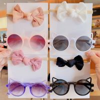 【YF】 2 Pcs/Set New Girls Cute Cat Ears Sunglasses Solid Color Bowknot Ornament Hairband Protection Kids Hair Accessories