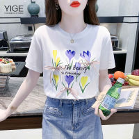 YIGE เวอร์ชั่นเกาหลีของใหม่ผ้าฝ้ายสีขาวด้านบน2022ฤดูร้อนแขนสั้นคอกลมพิมพ์โบว์ผูกเสื้อยืดผู้หญิง