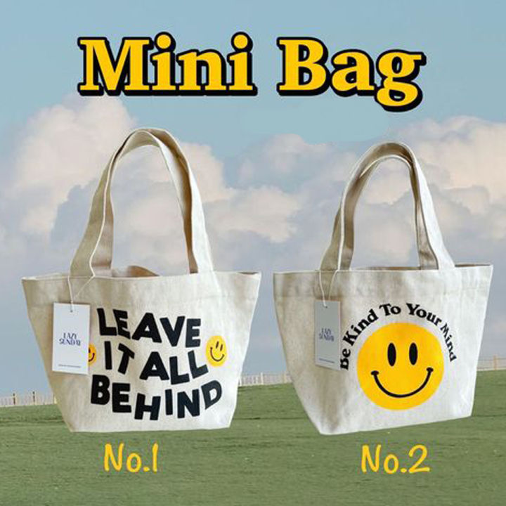 justbehappy-totebag-mini-size-กระเป๋าผ้ามินิไซซ์-ลายสกรีนฟอนต์-ยิ้ม