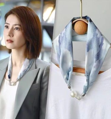 ❄ New pearl buckle long necklace silk scarf female simple summer decorative retro all-match hairband strip