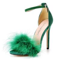 Sexy Feather High Heel Sandals Womens European American Large 46 Fish Mouth High Heel Sandals Women Shallow Mouth Womens Shoe