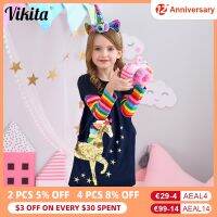 VIKITA Children Rainbow Striped Dress Girls Sequined Unicorn Dresses Kids Autumn Dress with Pockets Girl Cotton Vestidos 3-12Yrs