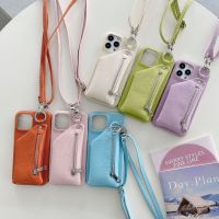 เคสโทรศัพท์มีสายคล้อง Crossbody แบบกระเป๋าสตางค์แบบมีซิปสำหรับ iPhone 14 Pro Max 13 12 11 XS XR 8 7 Plus ปกหนัง Dompet Koin กระเป๋าใส่บัตร