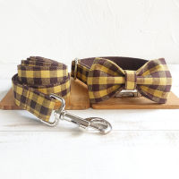 Engrave Bow Tie Collar and Leash for A Dog Brown Yellow Plaid Polyester Hand Holding Rope Running Lead Colier Chien Hond Levert