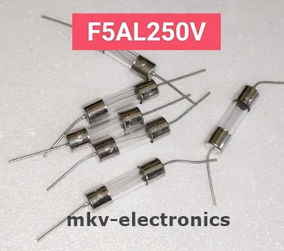 (10ตัว) F5AL250V , 5A 250V ฟิวส์หลอดแก้วมีขา Glass Fuse 5x20mm ...